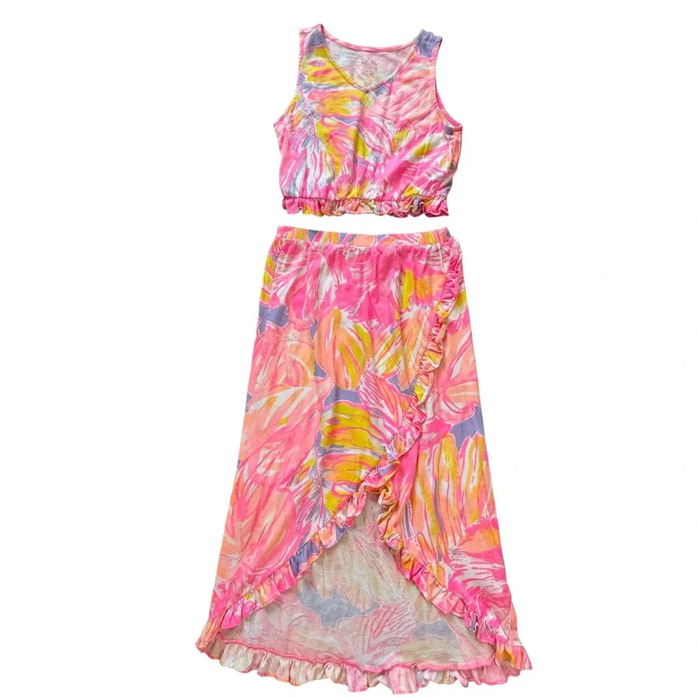 Lilly Pulitzer Girls Pink Tropical Palm High-Low Maxi Skirt Crop Top Set L 8-10